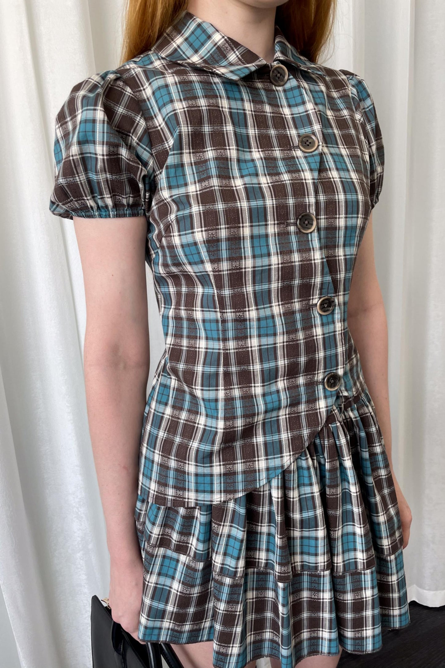 Blue Plaid Two-Piece Top Skirt Set-Up
