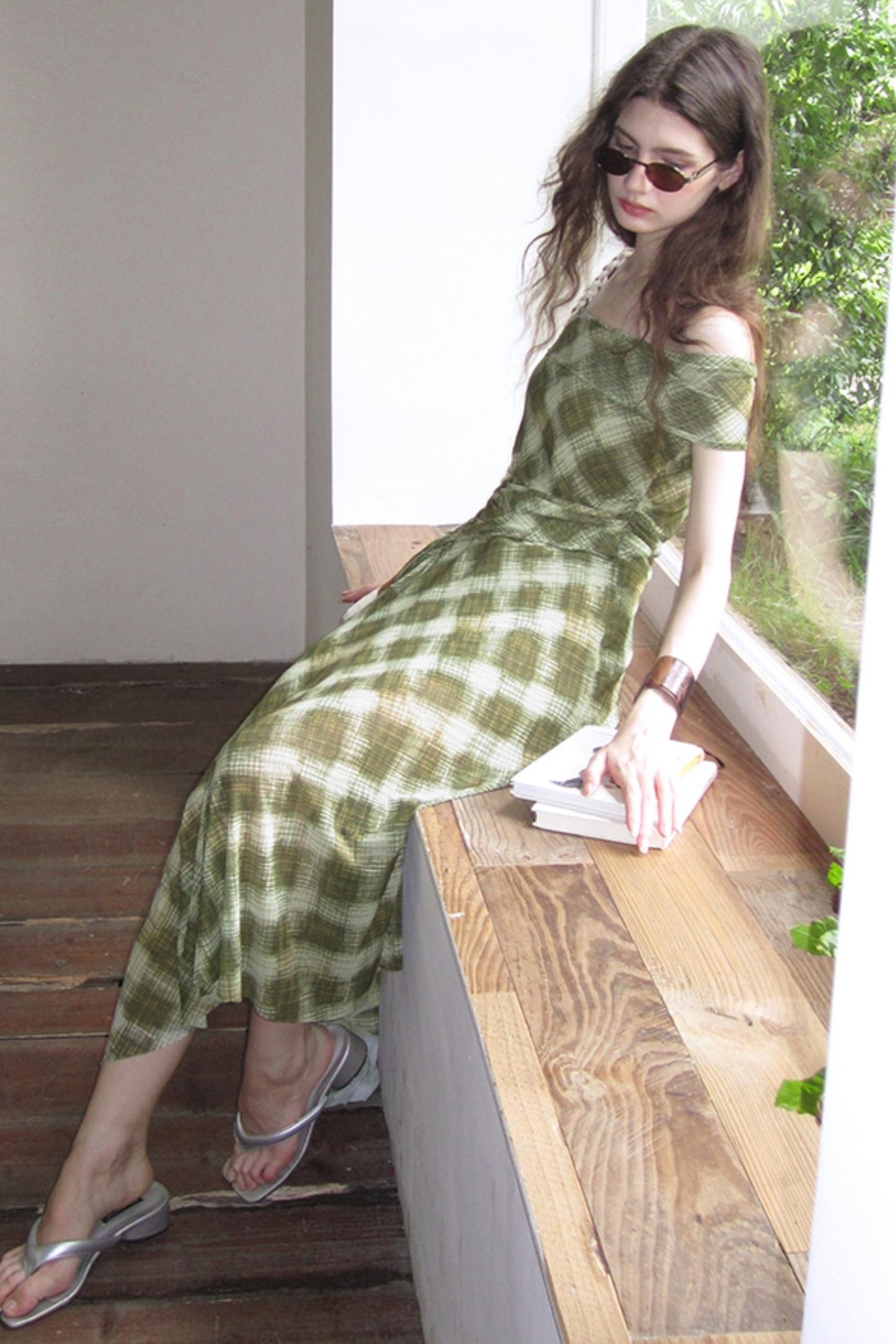 Mesh Check One-Shoulder Dress