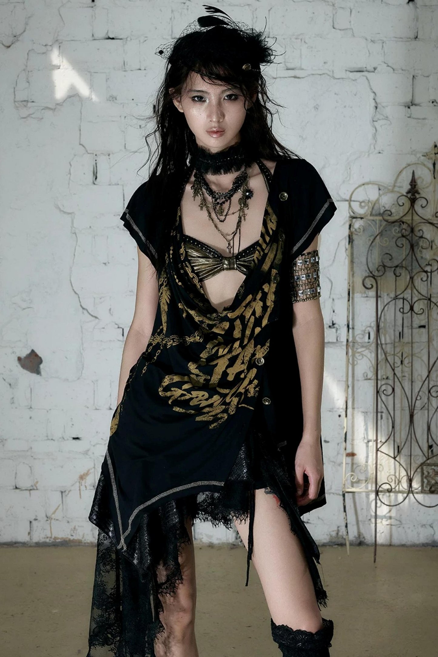 Punk Asymmetrical Neckline T-Shirt Set-Up