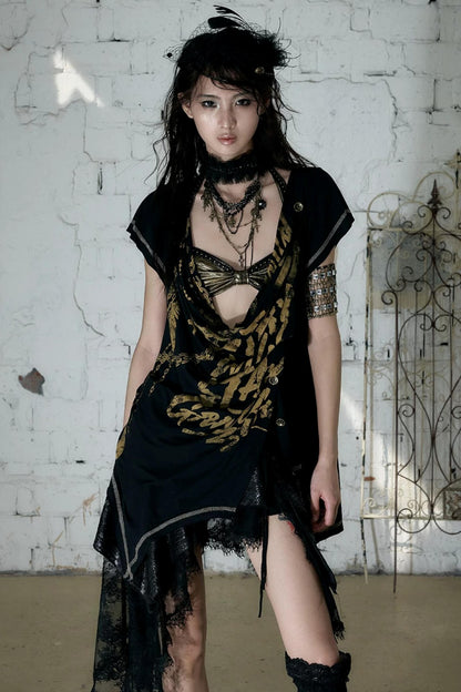 Punk Asymmetrical Neckline T-Shirt Set-Up