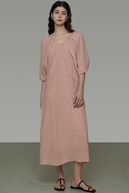Lantern Sleeve Linen Dress