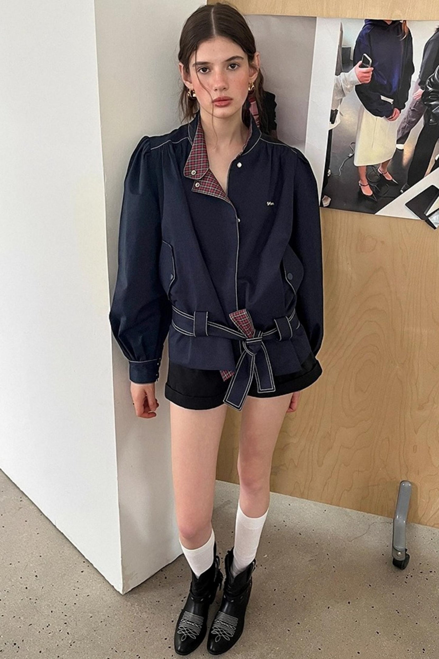 Vintage Navy Blue Patchwork Check Jacket