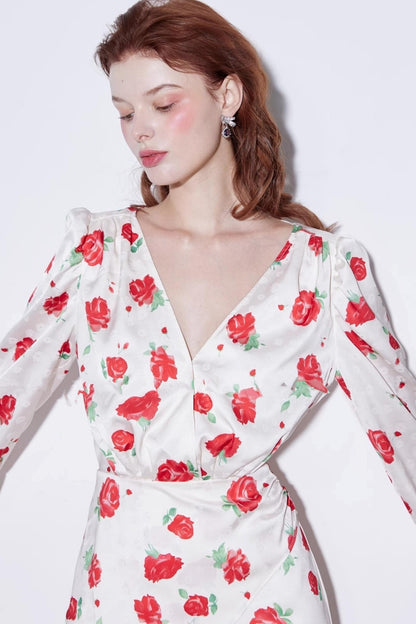 Satin Rose Jacquard V-Neck Dress