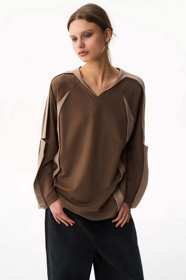 V-Neck Contrasting Long-Sleeved Top