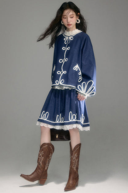 Embroidered Patchwork Denim A-Line Skirt
