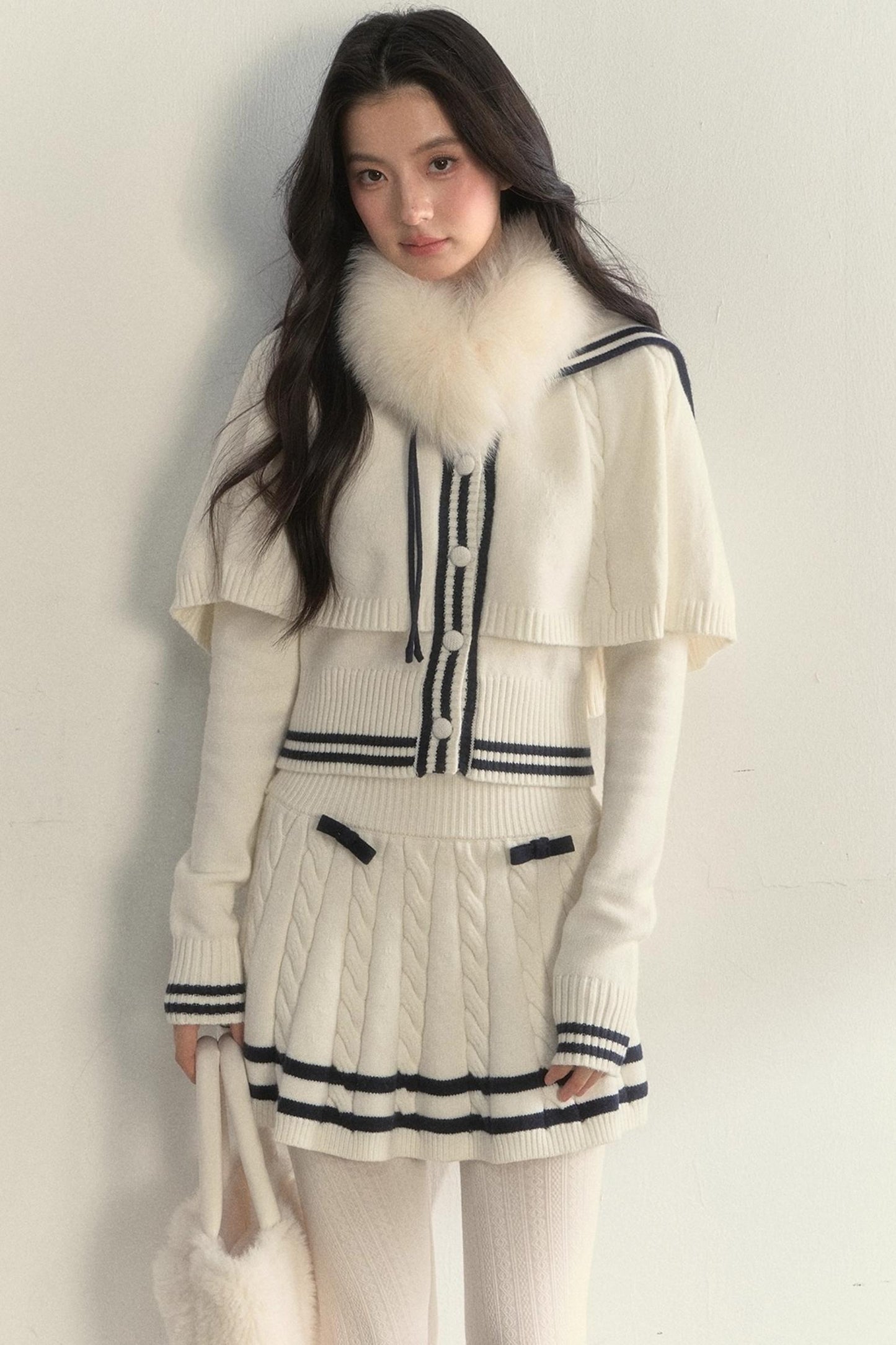 Vintage Navy Twist-Knit Cape Sweater Set-Up