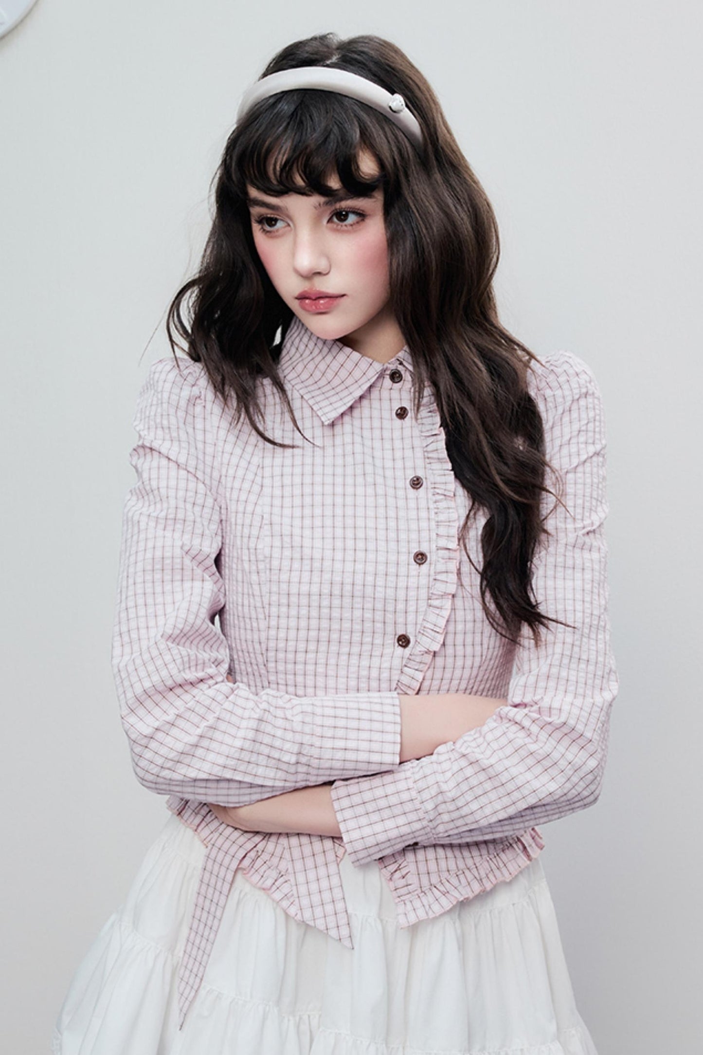 Spring Slim Plaid Ruffle Tie Shirt