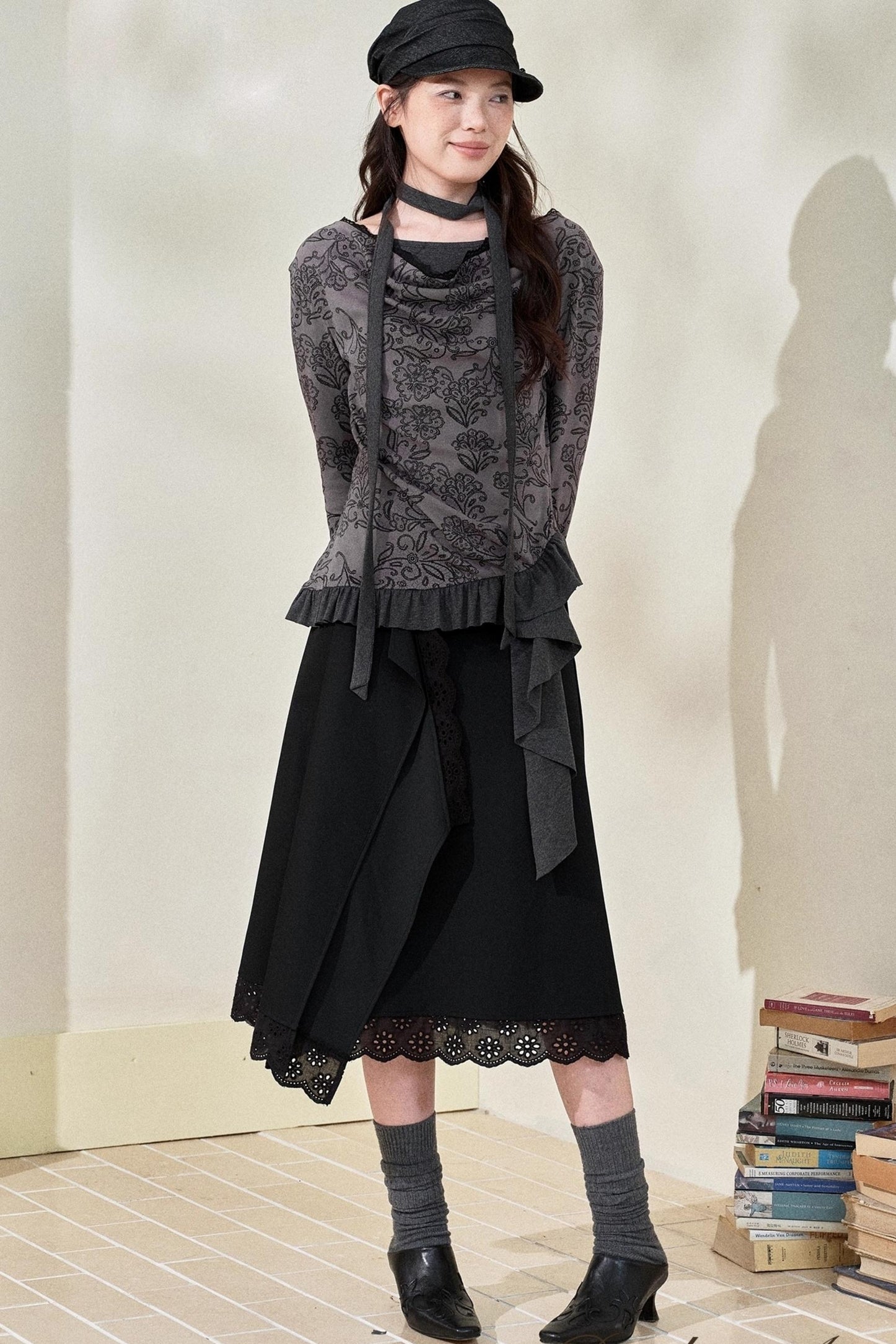 Swing Collar Ruffled Floral Lace Top