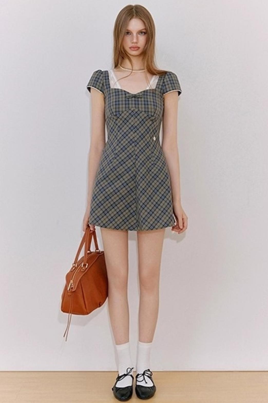 Plaid Lace Bow Short Sleeve Dress