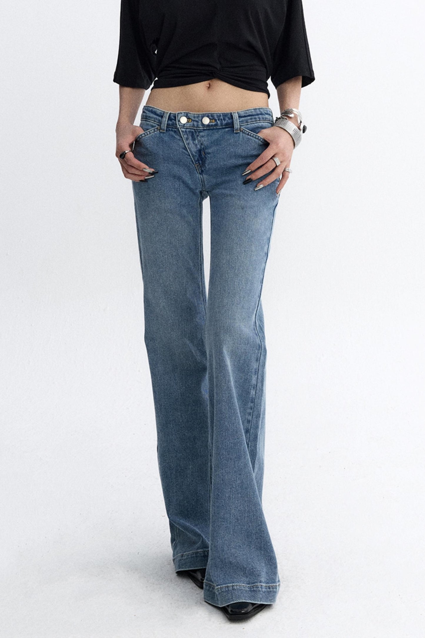 Deconstructed Washed Blue Bootcut Pants