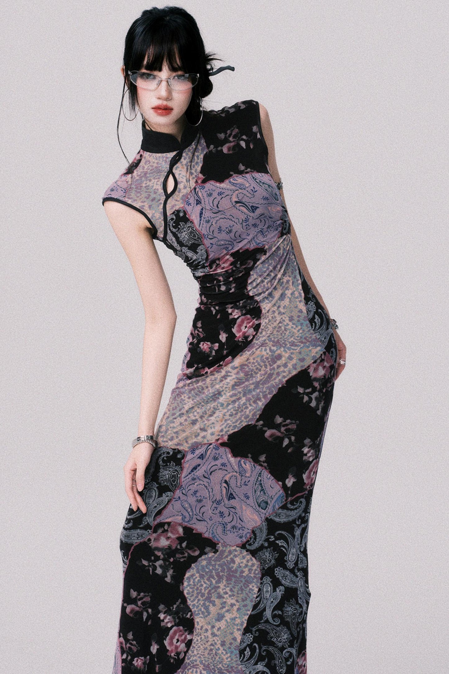 Smokey Purple Color-Blocked Cheongsam Dress