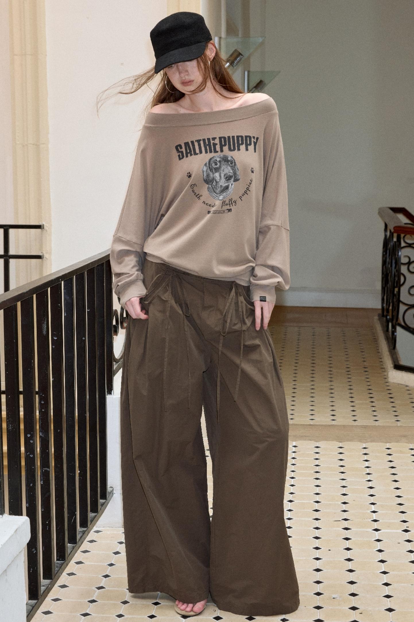 Puppy Print Slanted Shoulder T-Shirt