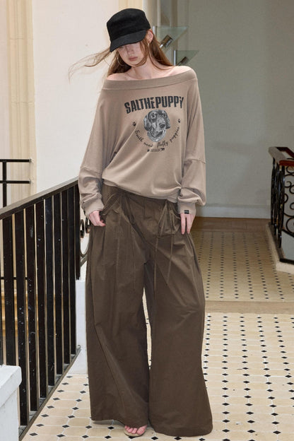 Puppy Print Slanted Shoulder T-Shirt