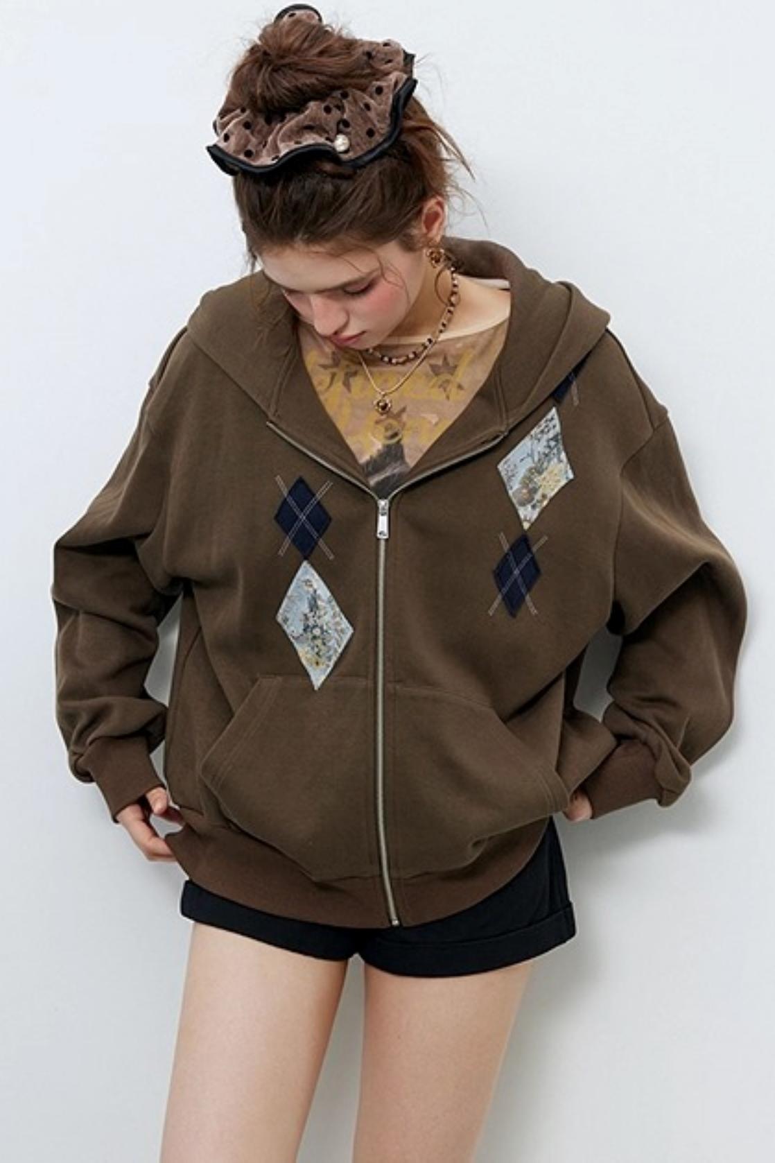 Diamond Check Hooded Cardigan