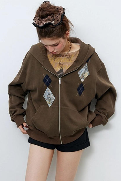 Diamond Check Hooded Cardigan