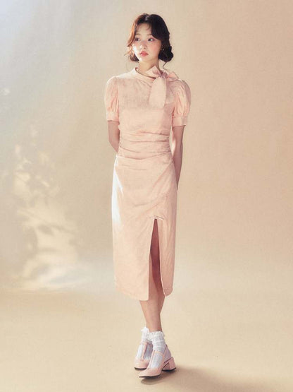 Chinese Style Puff Sleeve Slit Dress