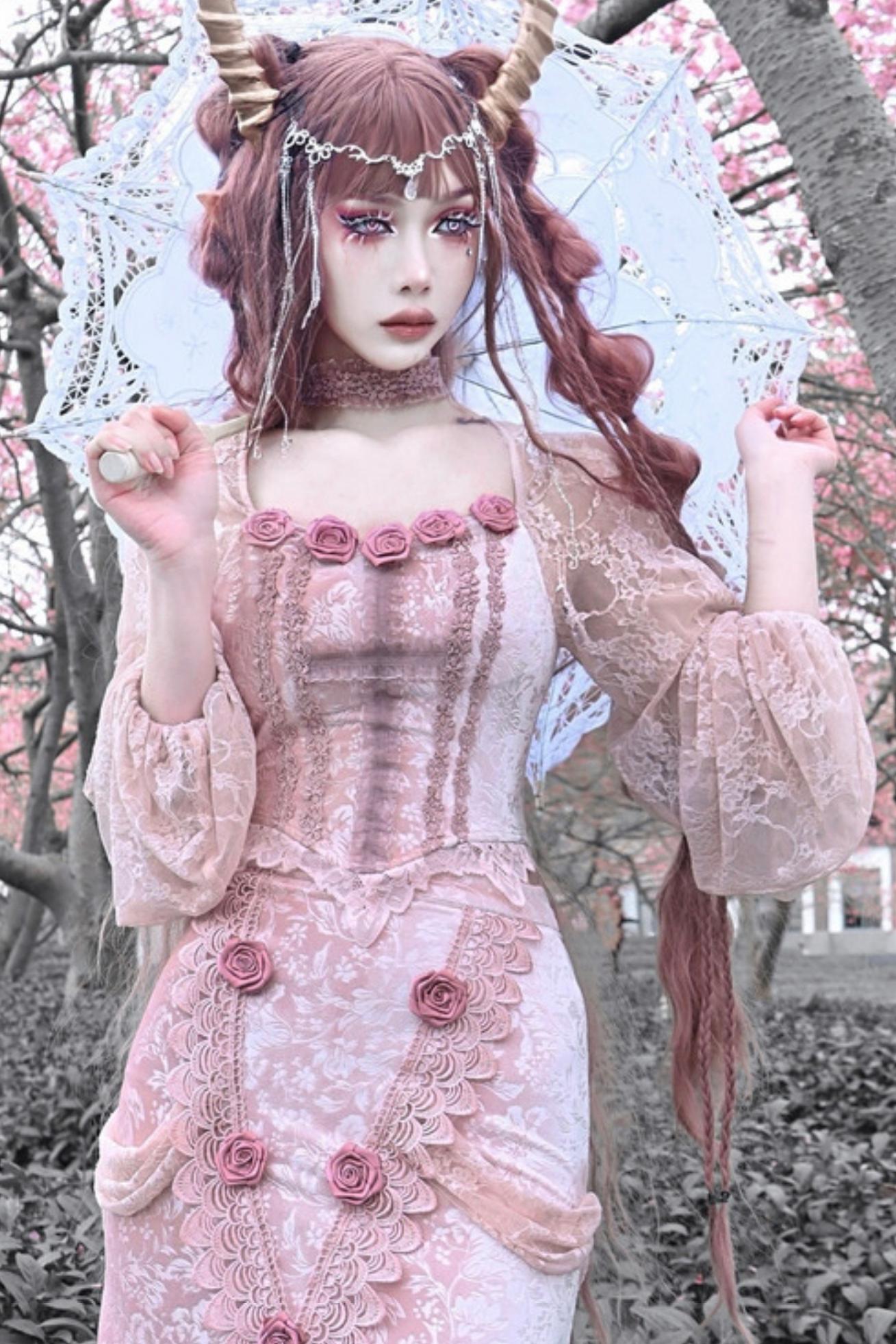 Gothic Lotus Pink Velvet Mermaid Top Set-Up