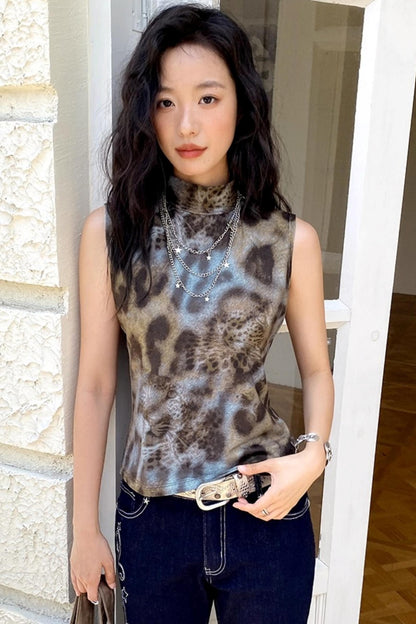 Leopard High Neck Sleeveless Top