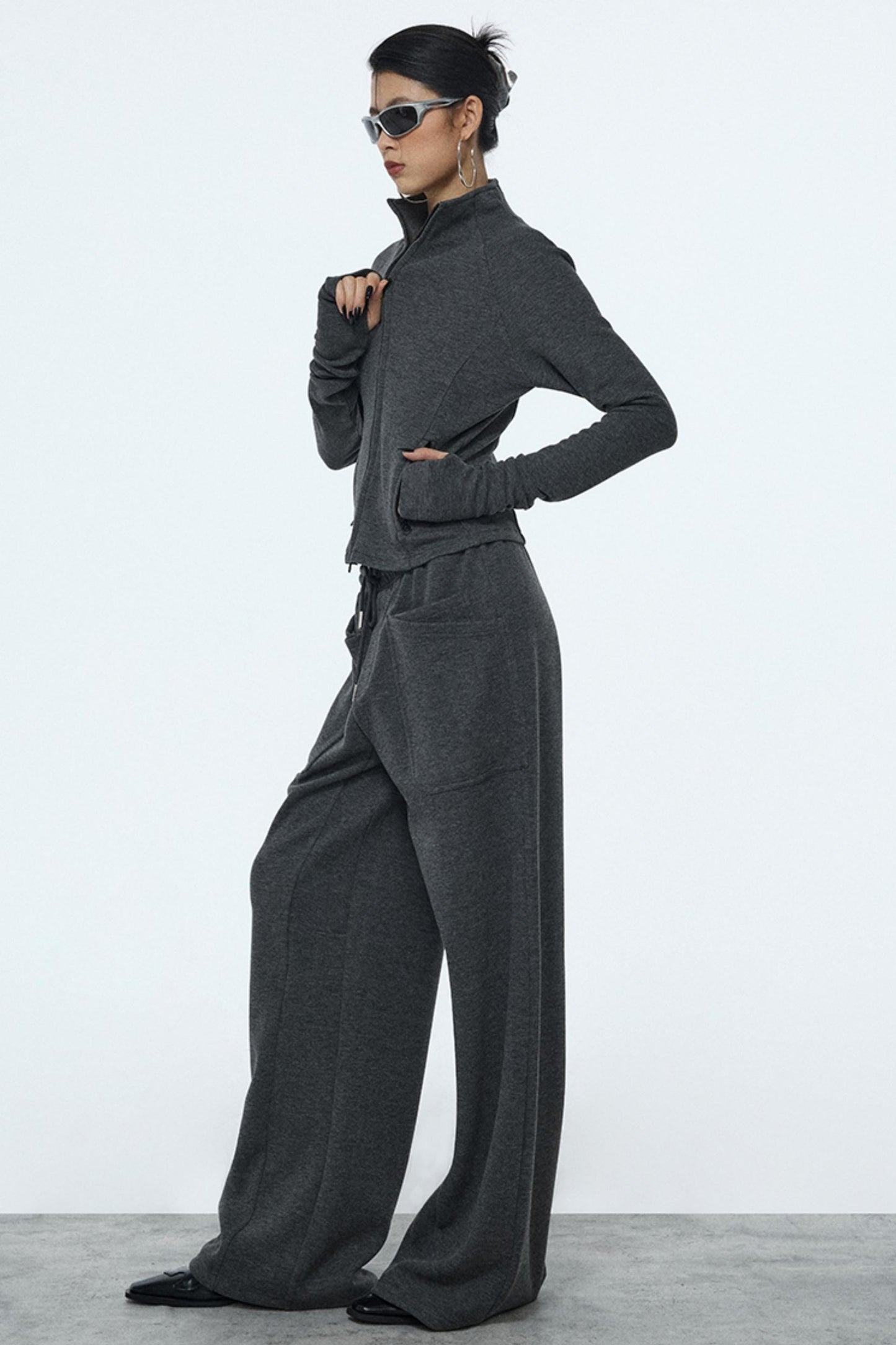 Gray Zipper Slim-Fit Top & Pants Set-Up