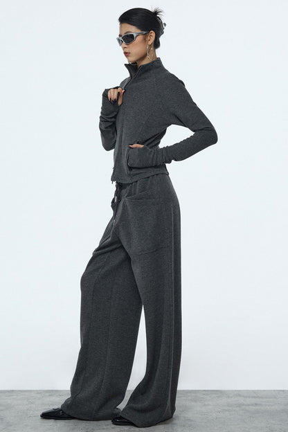 Gray Zipper Slim-Fit Top & Pants Set-Up