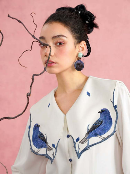 Blue Bird Embroidery Blouse