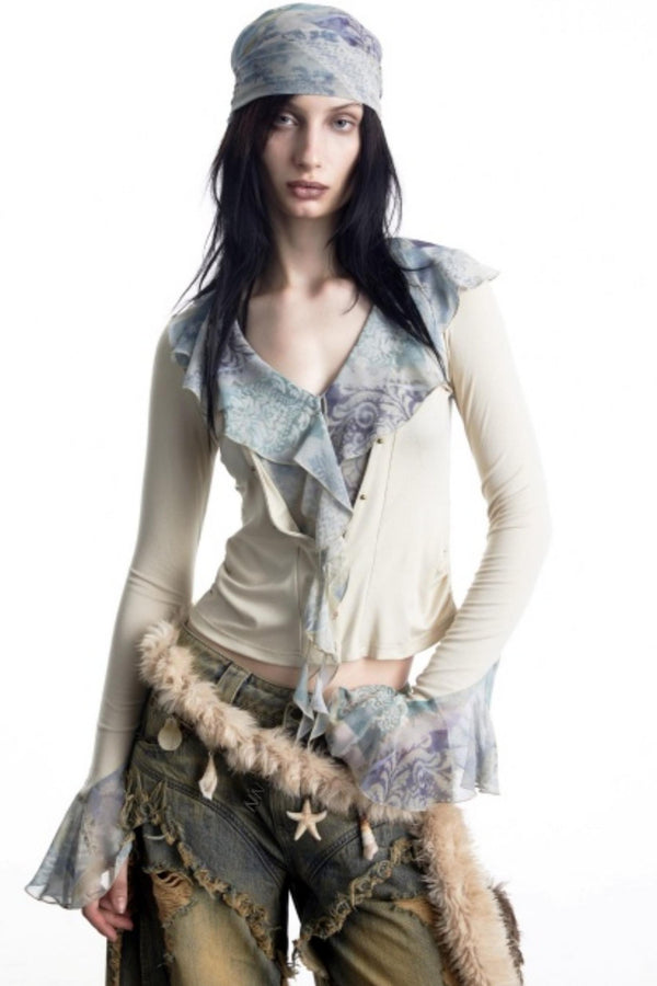 Lyocell Ruffled V-neck Pullover Top