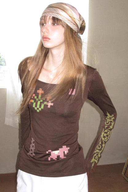 Vintage Printed U-Neck Slim T-Shirt