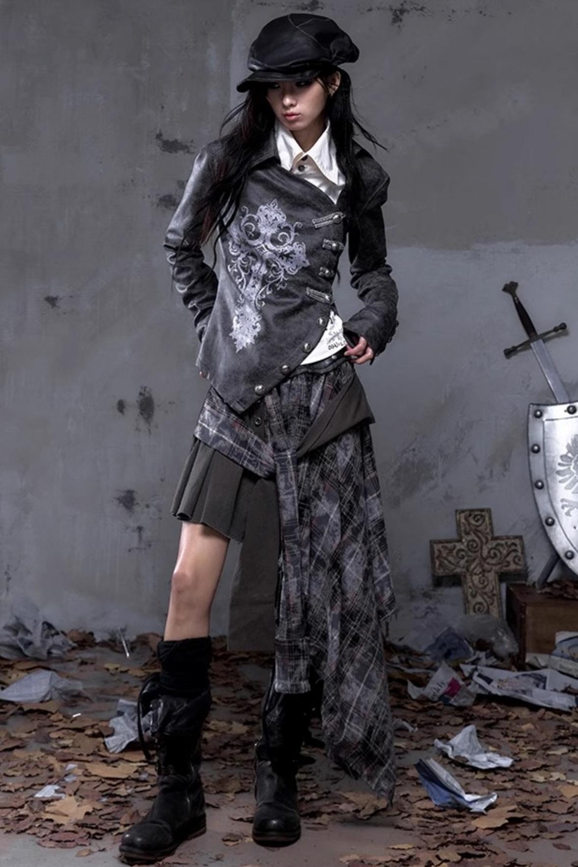 Vintage Slanted Placket Printed Leather Shirt