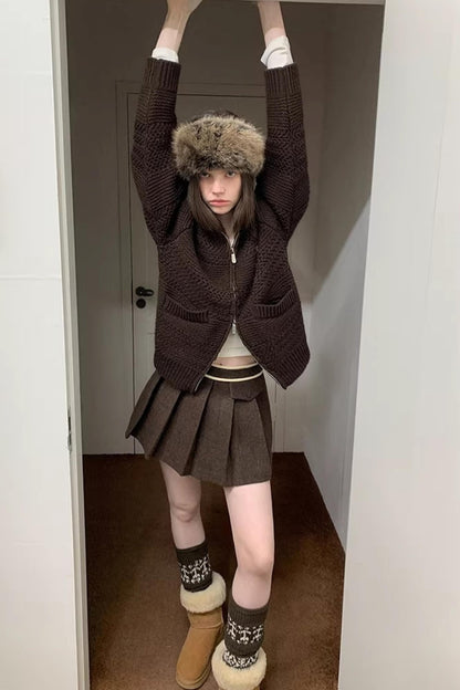 Brown Woolen Pleated Skirt