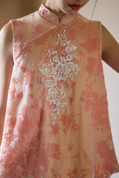 Embroidered Pink Cheongsam Skirt Set-Up