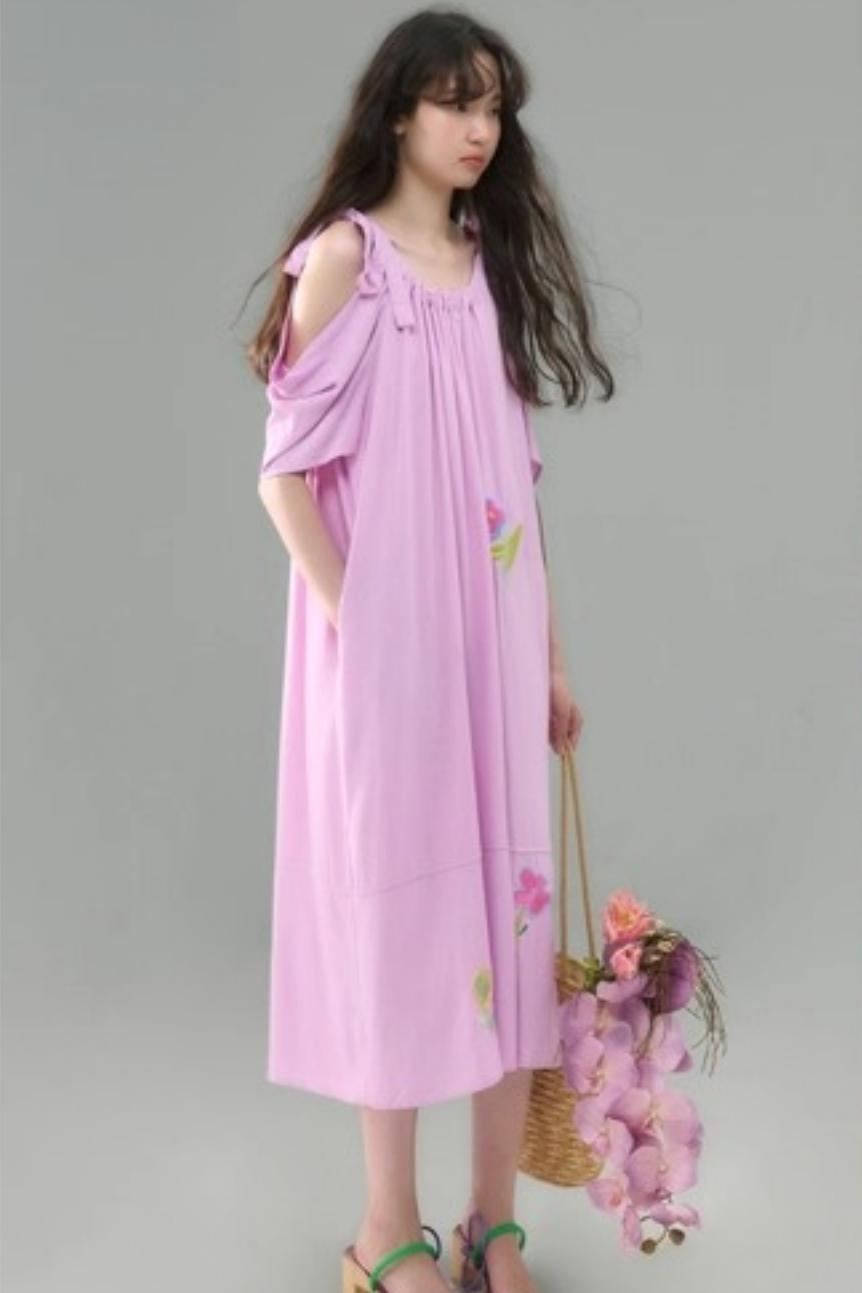 Sweet Peach Nectar Linen Embroidery Dress