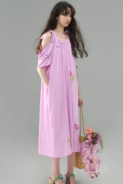 Sweet Peach Nectar Linen Embroidery Dress