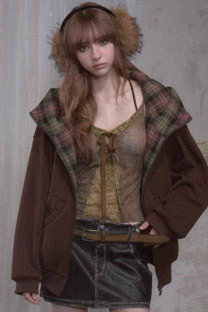 Sweet Lazy Plaid Sweatshirt Jacket