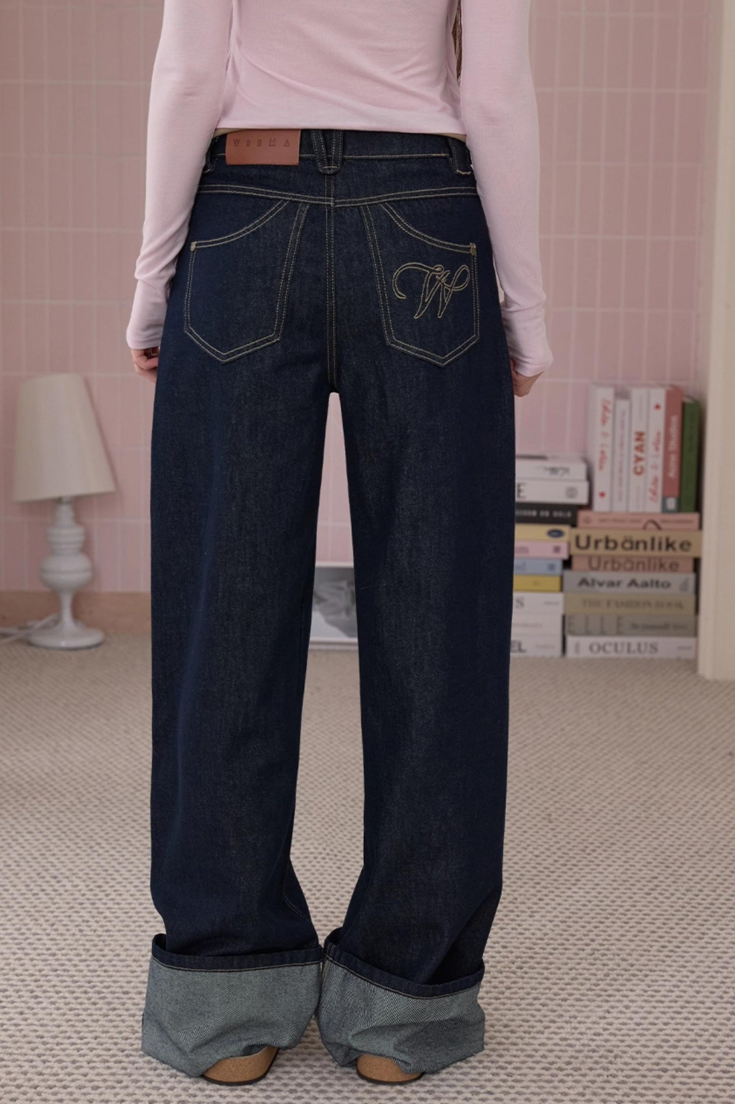 Retro Fashionable Sweet Cuffed Wide-leg Jeans