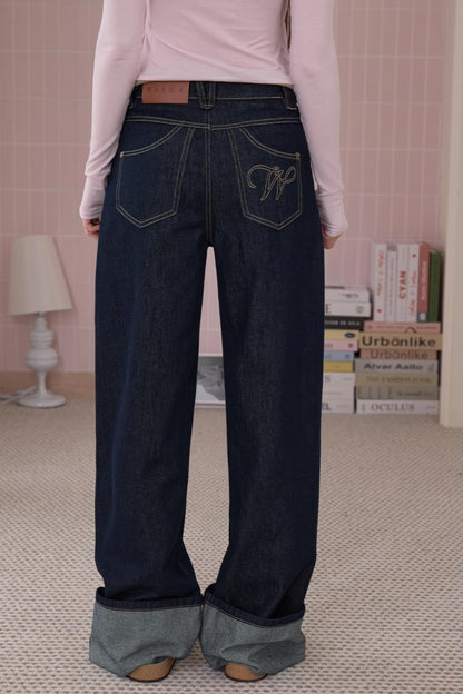 Retro Fashionable Sweet Cuffed Wide-leg Jeans