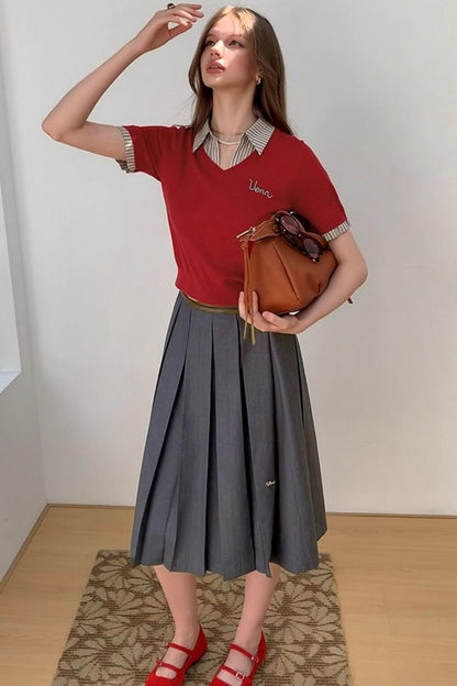 Embroidered Striped Collar Fake Two Piece T-Shirt