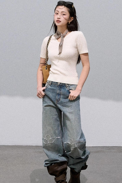 Laser-Cut Flower Vintage Wide-Leg Jeans