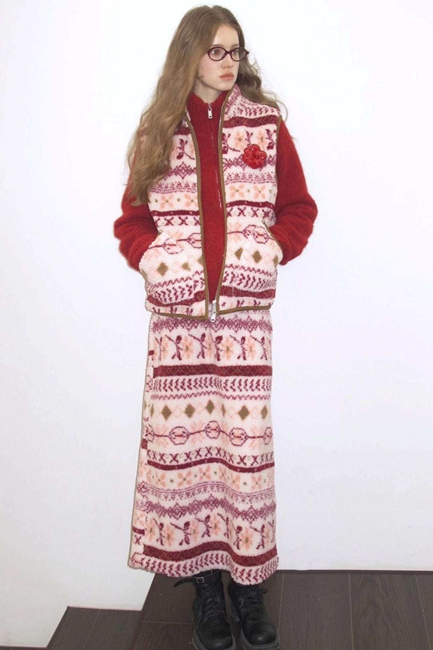 Berry Peach Retro Fleece Vest Jacket Skirt Set-Up