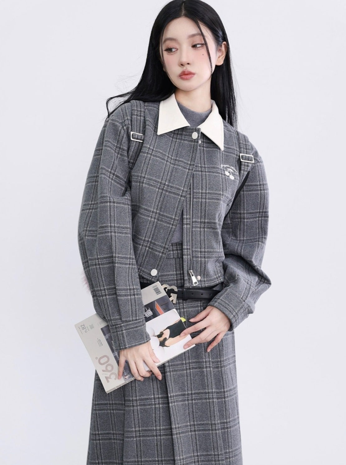 Two-piece Gray Plaid Cotton Jacket Skirt Set