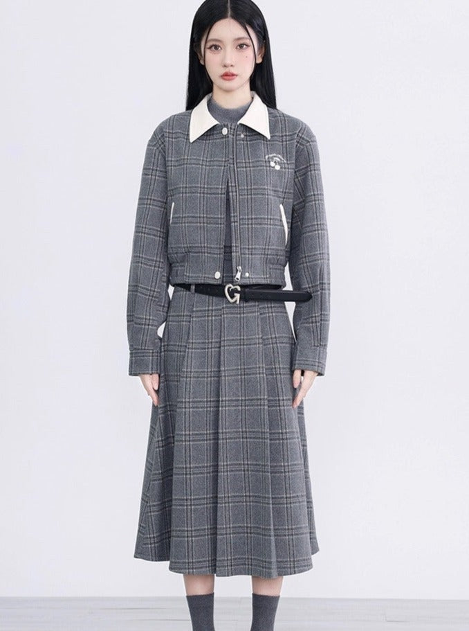 Two-piece Gray Plaid Cotton Jacket Skirt Set