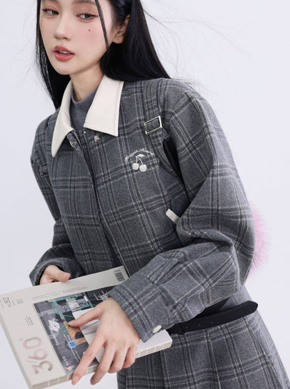 Two-piece Gray Plaid Cotton Jacket Skirt Set