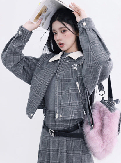 Two-piece Gray Plaid Cotton Jacket Skirt Set