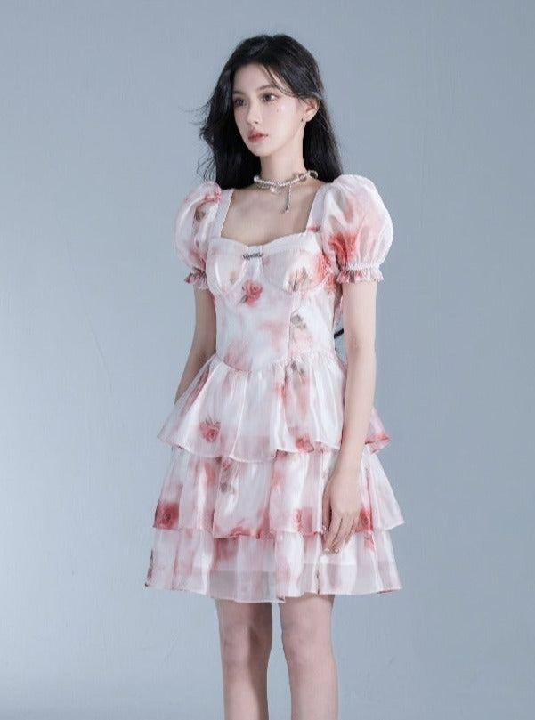 Rose princess puff sleeve dress