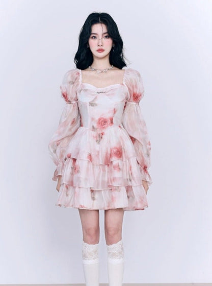 Rose princess puff sleeve dress