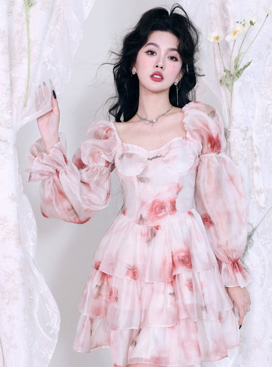 Rose princess puff sleeve dress