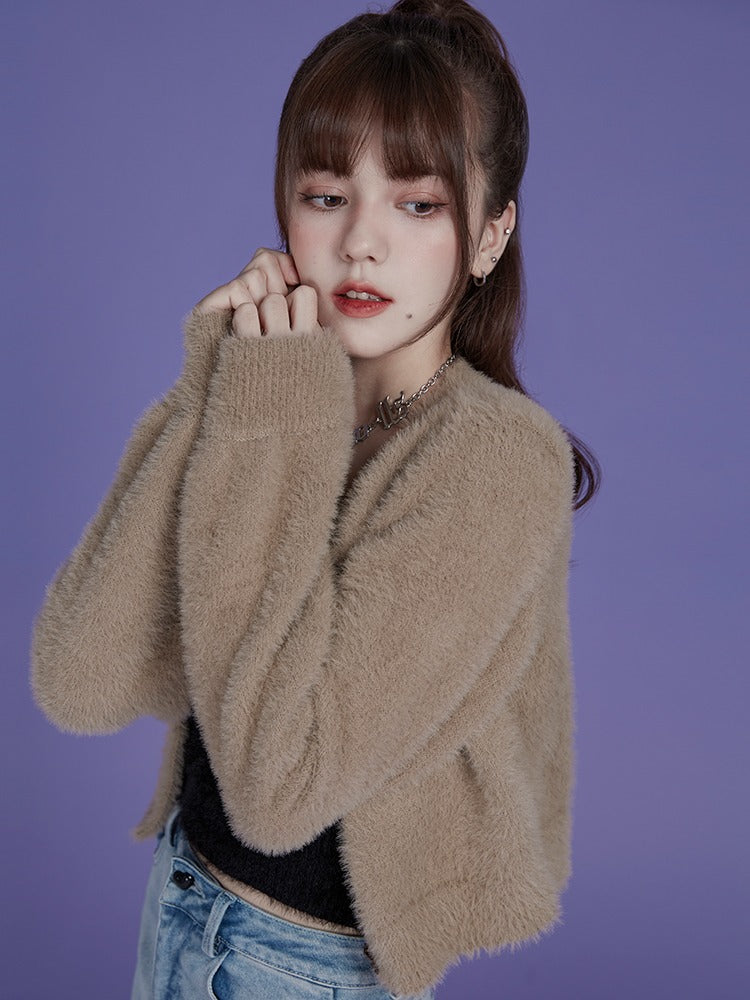 Crew Neck Short Thick Sweater Cardigan Coat