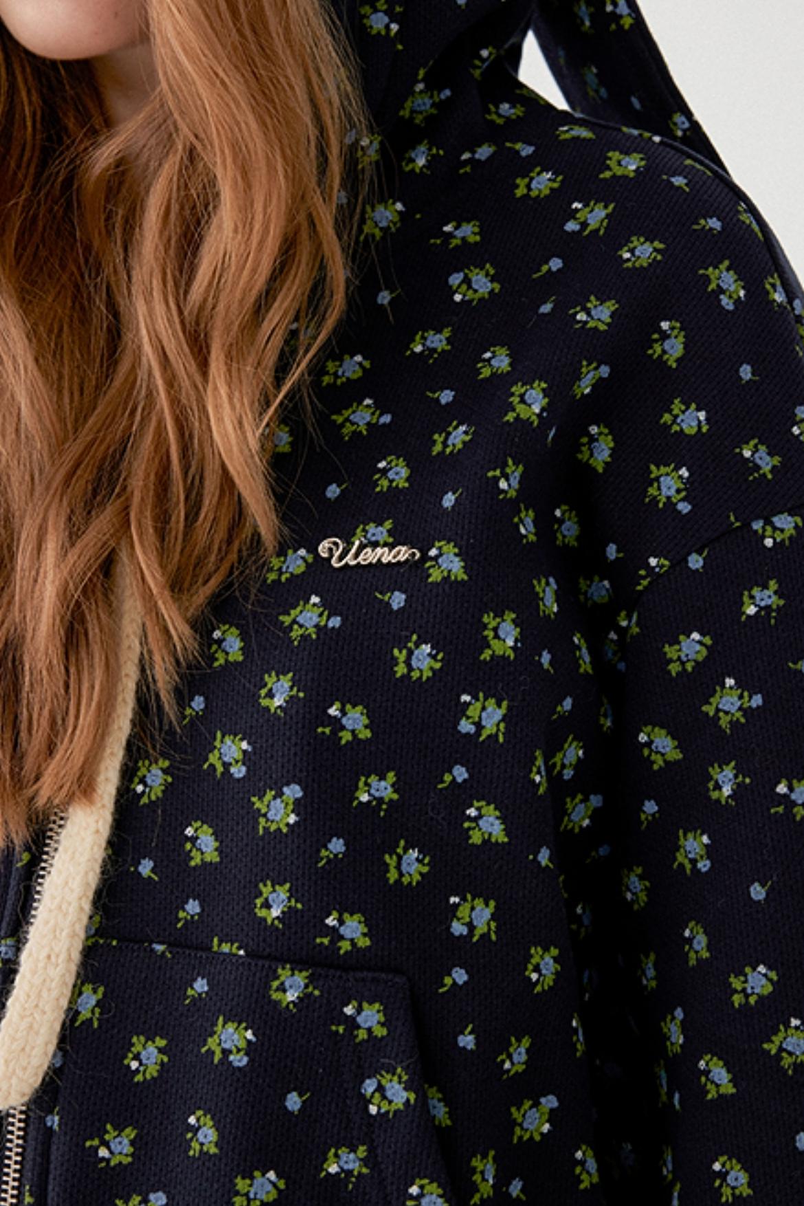 Navy Blue Floral Hooded Jacket Set-Up