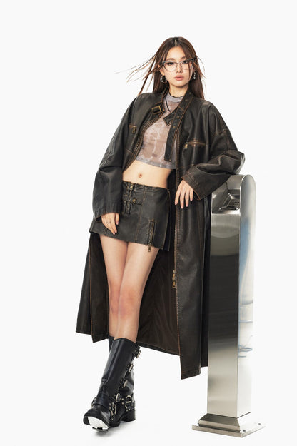 Vintage-Like Washed Leather Long Coat