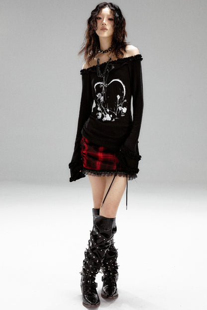 Retro Slim Print Hooded Knit Top