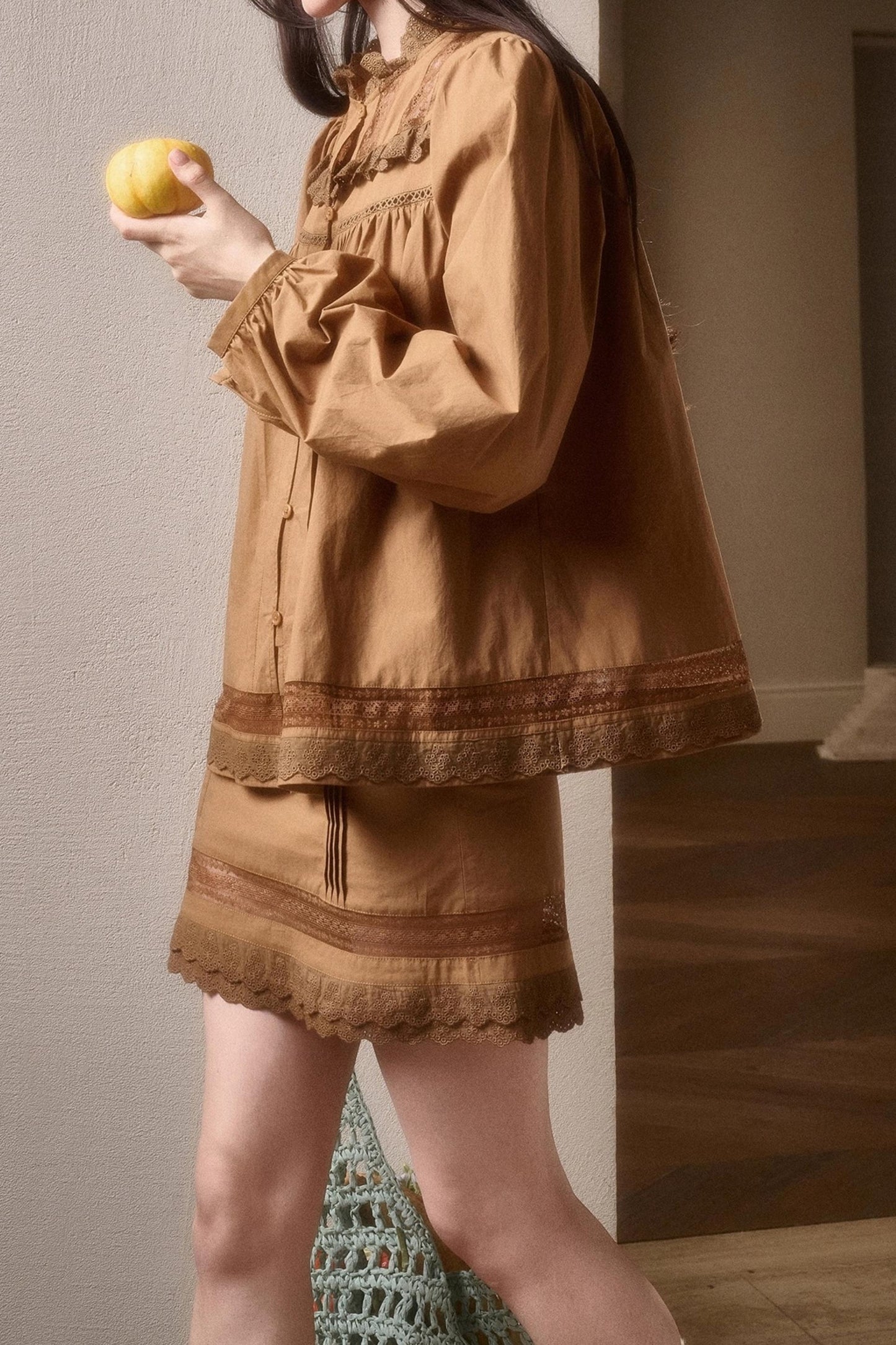 Cotton Lace Shirt With Skirt Set-Up